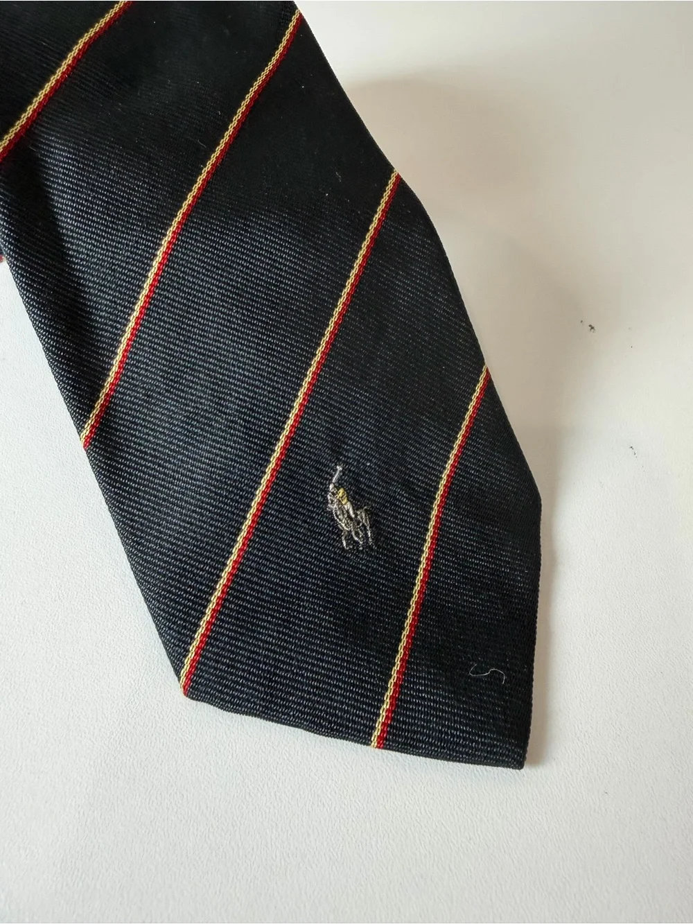 Polo Ralph Lauren Black Silk Tie with Red and Gold Embroidered Horse Logo Stripe